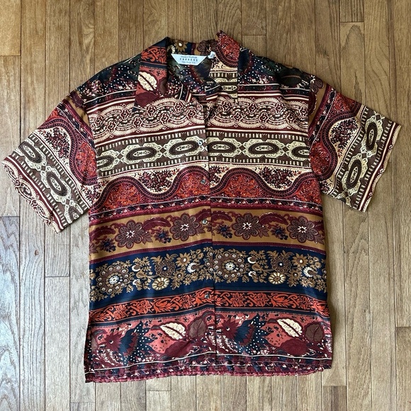 Express Tops - Vtg Compagnie Internationale Express Silk Autumn Boho Print Blouse Small‎ Brown